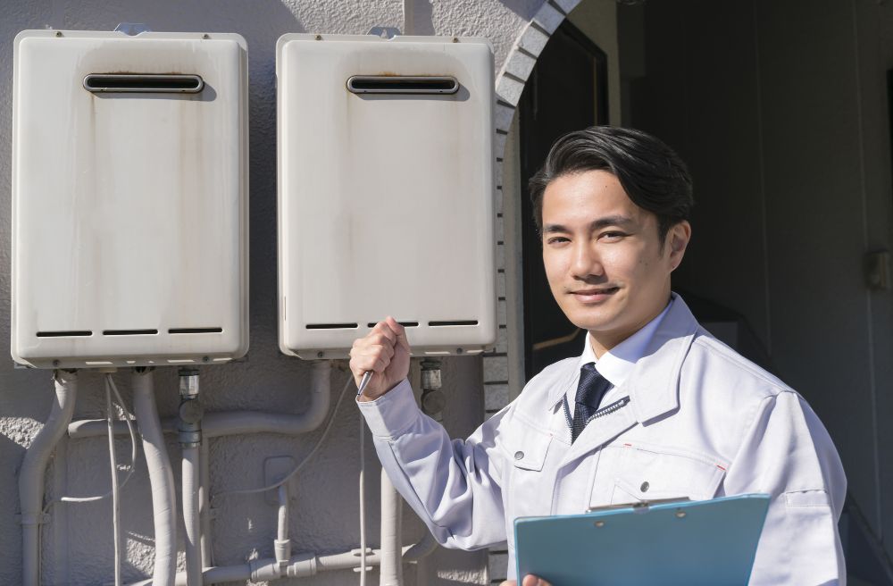 マンションの給湯器の注意点を説明する男性の画像